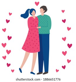 A man and a woman are embracing holding hands. Young couple hugs. Valentine's day card. People in love. Vector flat cartoon illustration isolated on a white background with hearts. 