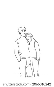 Man And Woman Are Embracing - One Line Drawing Vector. Concept Of Heterosexual Couple Hugging, Height Difference - Tall Man And Short Woman 