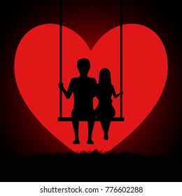 Man and woman embracing sitting on a swing in the background of the moon in the form of a heart. Two lovers sitting on a swing at sunset. Valentines Day Card. Vector illustration