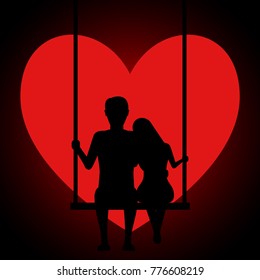 Man and woman embracing sitting on a swing in the background of the moon in the form of a heart. Two lovers sitting on a swing at sunset. Valentines Day Card. Vector illustration