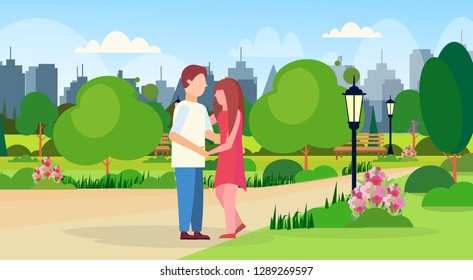 man woman embracing walking together city public park happy valentines day holiday concept couple in love relaxing outdoor cartoon characters full length horizontal flat