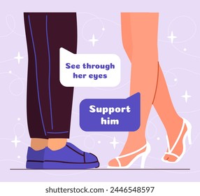 Man and woman with empathy. Legs of young guy and girl. Romance and love, flirting. Emotions and feelings, passion and relationships. Cartoon flat vector illustration isolated on violet background