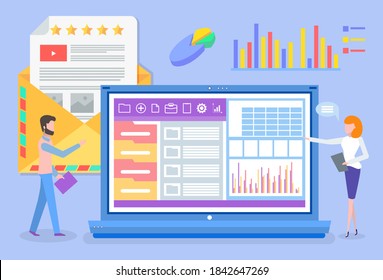Man and woman employees cooperating and discussing business graph report on big laptop. Business workers standing near screen and looking at statistics diagrams and charts. People teamwork strategy