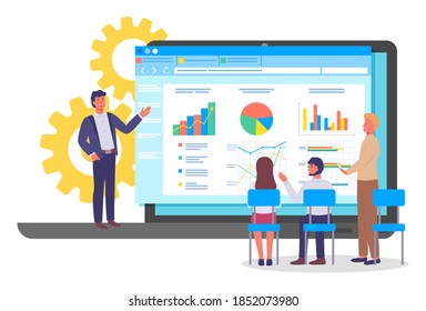 Man and woman employees cooperating and discussing business graph report on big laptop. Business workers standing near screen and looking at statistics diagrams and charts. People teamwork strategy