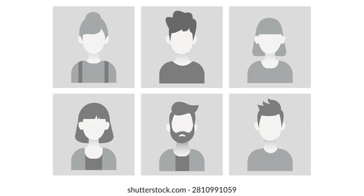 Man and woman empty avatar icon set. greyscale photo placeholder for social networks, resumes, forums and dating sites. user profile, person icon, profile picture for unknown or anonymous individuals.