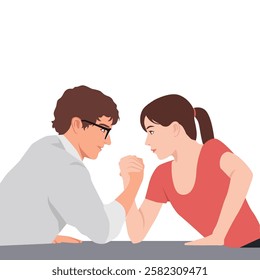 Man and a woman engage in an intense arm wrestling match, focusing on each other with determination. Flat vector illustration isolated on white background