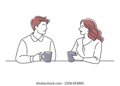 Un hombre y una mujer conversan, comparten pensamientos e ideas de una manera amigable y hacen garabatos de Ilustración vectorial de arte lineal sobre fondo blanco.