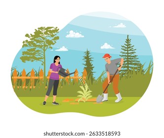 A man and a woman engaged in gardening, watering plants and digging soil, surrounded by nature and clear blue skies. Home gardening concept.