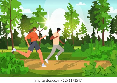 Man and woman is engaged in running around in the park. Morning jogging. Young couple spends time outdoors. Sports activity and healthy lifestyle concept. Colored flat cartoon vector illustration. 