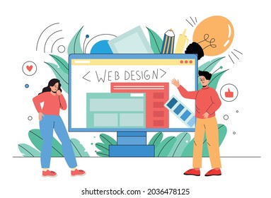 A man and a woman are engaged in website design. Web designers, computer monitor, color palettes. Abstract background with leaves, pencils