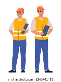 Man and woman engineer. Construction Workers in uniform and orange protective helmet, holding clipboard with checklist. Head of construction works. Vector illustration