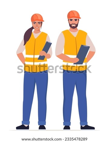 Man and woman engineer. Construction Workers in uniform and orange protective helmet, holding clipboard with checklist. Head of construction works. Vector illustration