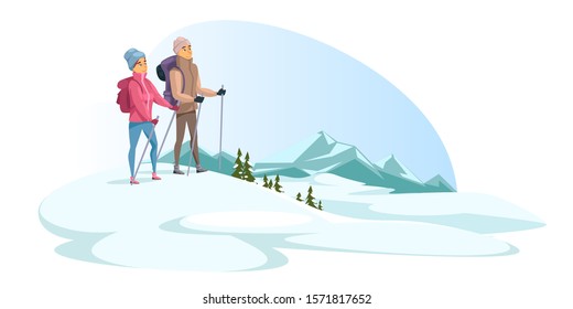 Man and woman enjoy hiking during winter vacation. Tourism in mountains covered snow. Male and female climbers characters wearing travel clothes. Cartoon highlands trip. Vector flat illustration