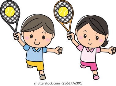 A man and a woman enjoy playing tennis with smiles