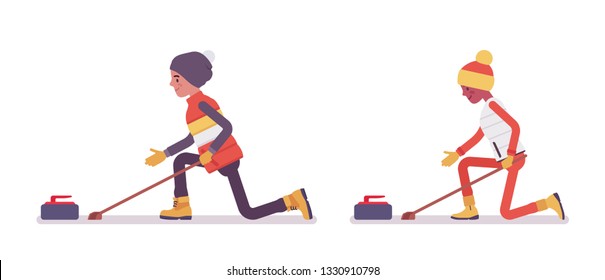 Man and woman enjoy sport, curling. Winter outdoor activities on ski resort, having active holiday, wintertime tourism, recreation. Vector flat style cartoon illustration isolated on white background
