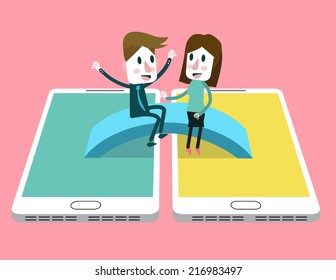 Man and woman enjoy talking on the bridge across between smart phone. social media community concept. vector illustration