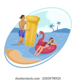 Un hombre y una mujer que disfrutan de unas vacaciones de playa con inflables en el agua. Ilustración vectorial sobre un fondo de playa. Concepto de diversión y relajación de verano. Ilustración vectorial