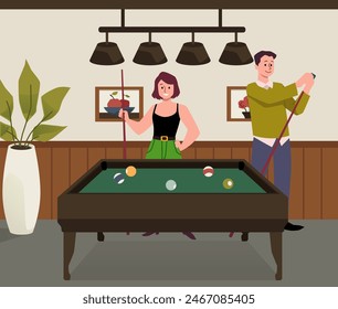 A man and woman enjoying a casual game of billiards in a well-lit room, featuring stylish interior decor and a relaxed atmosphere. Vector illustration captures a friendly match with a contemporary