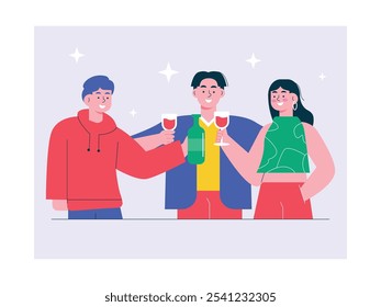 Homem e mulher curtindo uma conversa com amigos enquanto bebem álcool, encontrando-se em um clube. Personagem de design. Ilustração em plano vetorial