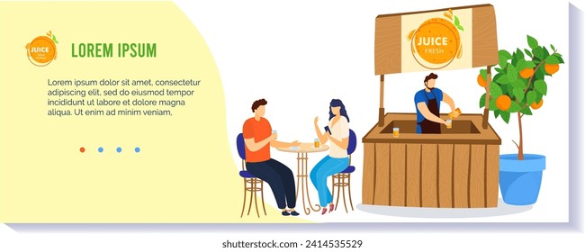 Man and woman enjoying fresh juice at a cafe, bartender pouring drinks. People drinking healthy beverages, socializing in a modern juice bar vector illustration.