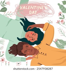 Man and woman enjoying nature and each other with their arms around each other. Top view of lying carefree guy and girl relaxing in nature. Vector design concept for Valentine's Day.