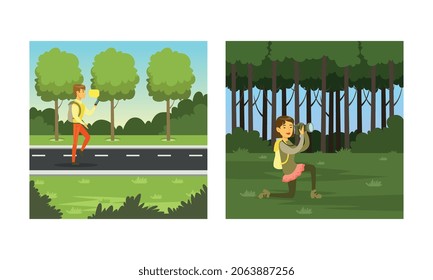 Man and Woman Enjoying Outdoor Walk Taking Photo with Camera in Forest and Strolling Along Alley Road Vector Set.