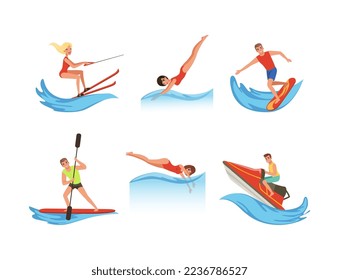 Man and Woman Enjoying Water Sport Activity Swimming, Diving, Sailing Boat and Surfboarding Vector Set