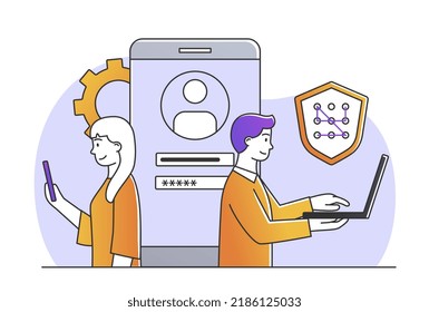 Man and woman entering password. Authentication and identification. Modern technologies and digital world. Internet security, safety and personal data protection. Cartoon flat vector illustration