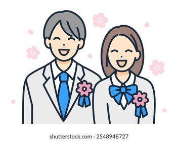 A man and a woman at the entrance ceremony. Illustration of high school students with corsages on their chests.