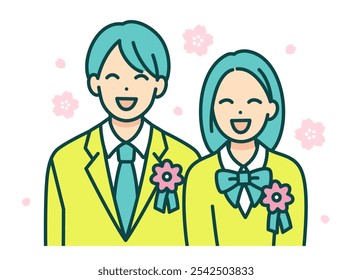 A man and a woman at the entrance ceremony. Vector illustration of high school students with corsages on their chests.