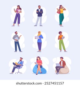 Man and Woman Entrepreneur Character Standing and Use Gadget Vector Set