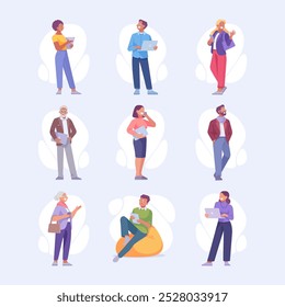 Man and Woman Entrepreneur Character Standing and Use Gadget Vector Set