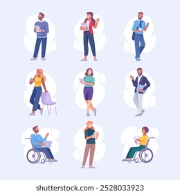 Man and Woman Entrepreneur Character Standing and Use Gadget Vector Set