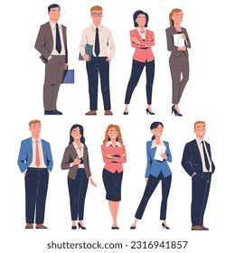 Man and Woman Entrepreneur and Office Employee Standing in Formal Suit and Smiling Vector Set