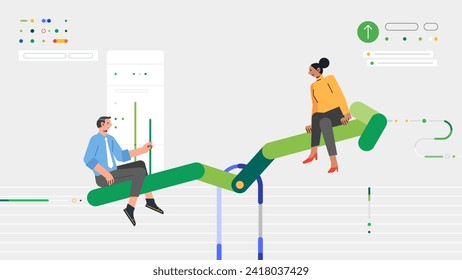 man and woman entrepreneurs on seesaw graph chart up and down of business growth vector illustration flat