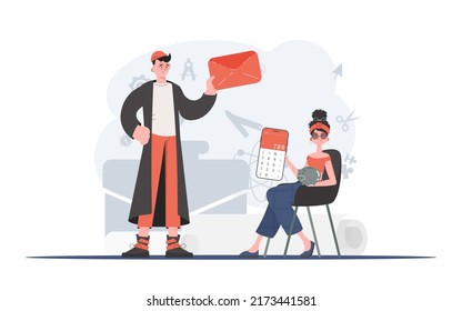 Man and woman with an envelope and a piggy bank. Cash contribution. Element for presentation. Vector illustration