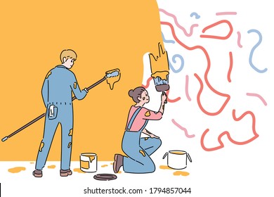 A man and a woman are erasing graffiti on the wall with paint. hand drawn style vector design illustrations. 