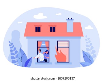 Man and woman escaping house fire. Fear, running. Flat vector illustration. Emergency concept can be used for presentations, banner, website design, landing web page