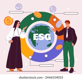 Hombre y mujer con ESG. Gobernanza ambiental, social y corporativa. Empresa de negocios se preocupan por la ecología, la naturaleza y el planeta. Ilustración vectorial plana de dibujos animados aislada sobre fondo violeta