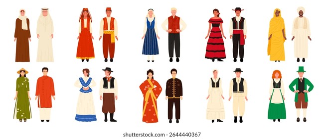 Homem e mulher em trajes étnicos tradicionais de diferentes países do mundo. Pessoas vestindo trajes folclóricos na tradição da Arábia Saudita e Albânia, Suécia e Espanha, ilustração vetorial de desenhos animados da China