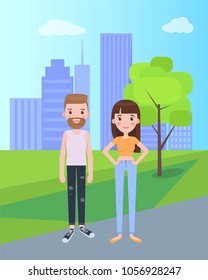 Man and woman in everyday apparel vector on background of skyscrapers in park. Male and female in jeans and tshirt, bearded man and brunette woman vector