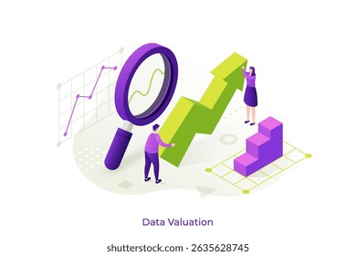 Man and woman examining data valuation via large magnifying glass, green arrow, and growth charts. Business strategy concept for financial success. Isometric vector illustration