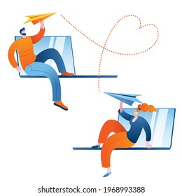 A man and a woman exchange short electronic messages from their laptops. The concept of a vector illustration on the topic of dating and communication on the Internet.