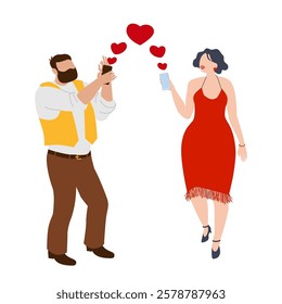 man and a woman exchanging affection via mobile phones, floating red hearts connecting them. Flat style vector illustration isolated on white background for postcard, poster, article, 14 February