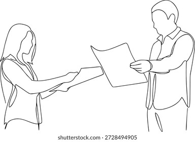 Man and woman exchanging documents in a line drawing business exchange