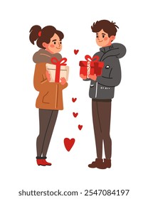 Mann und Frau tauschen Geschenkschachteln aus, lächeln, romantische Valentinstag-Atmosphäre