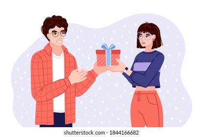 Man and woman exchanging gifts. Friends presenting gifts and wishing each other merry christmas. Flat hand-drawn characters. Vector illustration.