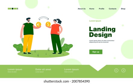 Man and woman exchanging money. Male character giving euro coin, female with dollar coin flat vector illustration. Currency exchange, finance concept for banner, website design or landing web page