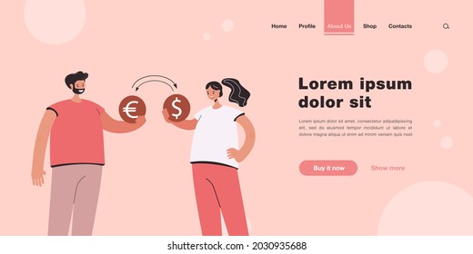 Man and woman exchanging money. Male character giving euro coin, female with dollar coin flat vector illustration. Currency exchange, finance concept for banner, website design or landing web page
