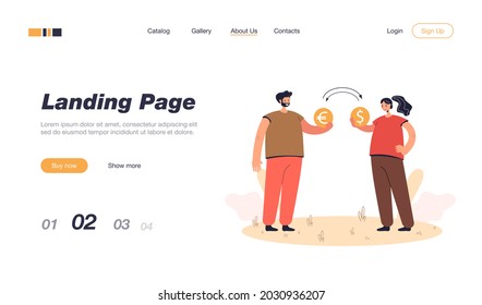 Man and woman exchanging money. Male character giving euro coin, female with dollar coin flat vector illustration. Currency exchange, finance concept for banner, website design or landing web page